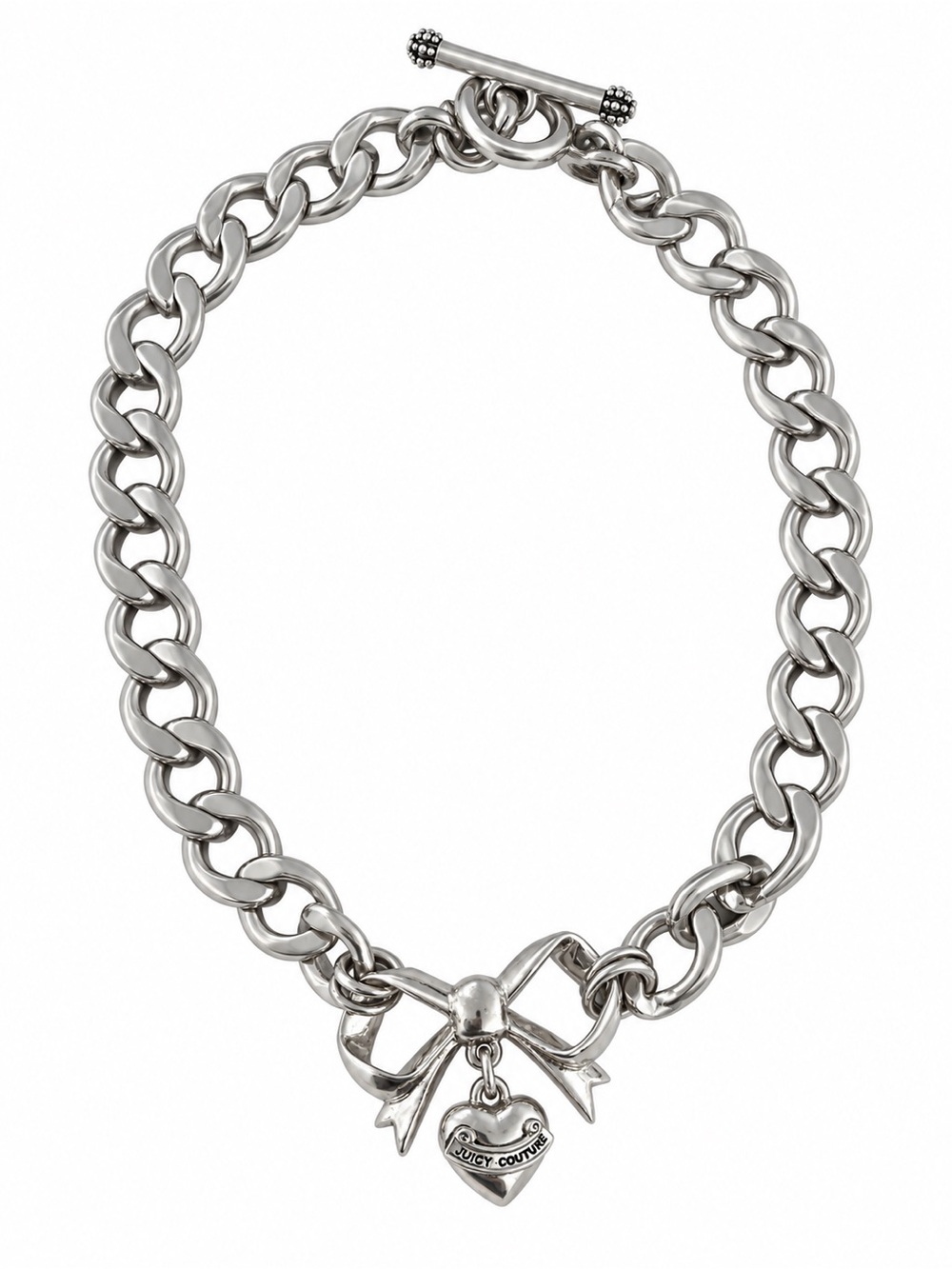 Juicy Couture Vintage Silver Bow Charm Chain Necklace with Heart Pendant